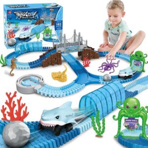 Bendable shark race car track playset